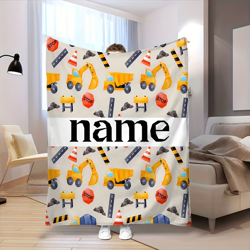 

1pc Road Engineering Watercolor Construction Vehicle Pattern, Name Customized, Universal Flannel Blanket Warm And Comfortable, Suitable For Boys And Girls