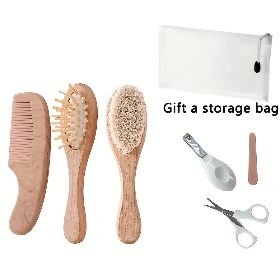 TEMU Set de para Niños de 6 Piezas: Cepillo de Champú de Cerdas Suaves para Limpieza Cabelludo de Recién Nacidos, Peine de Masaje de Baño de Madera ,