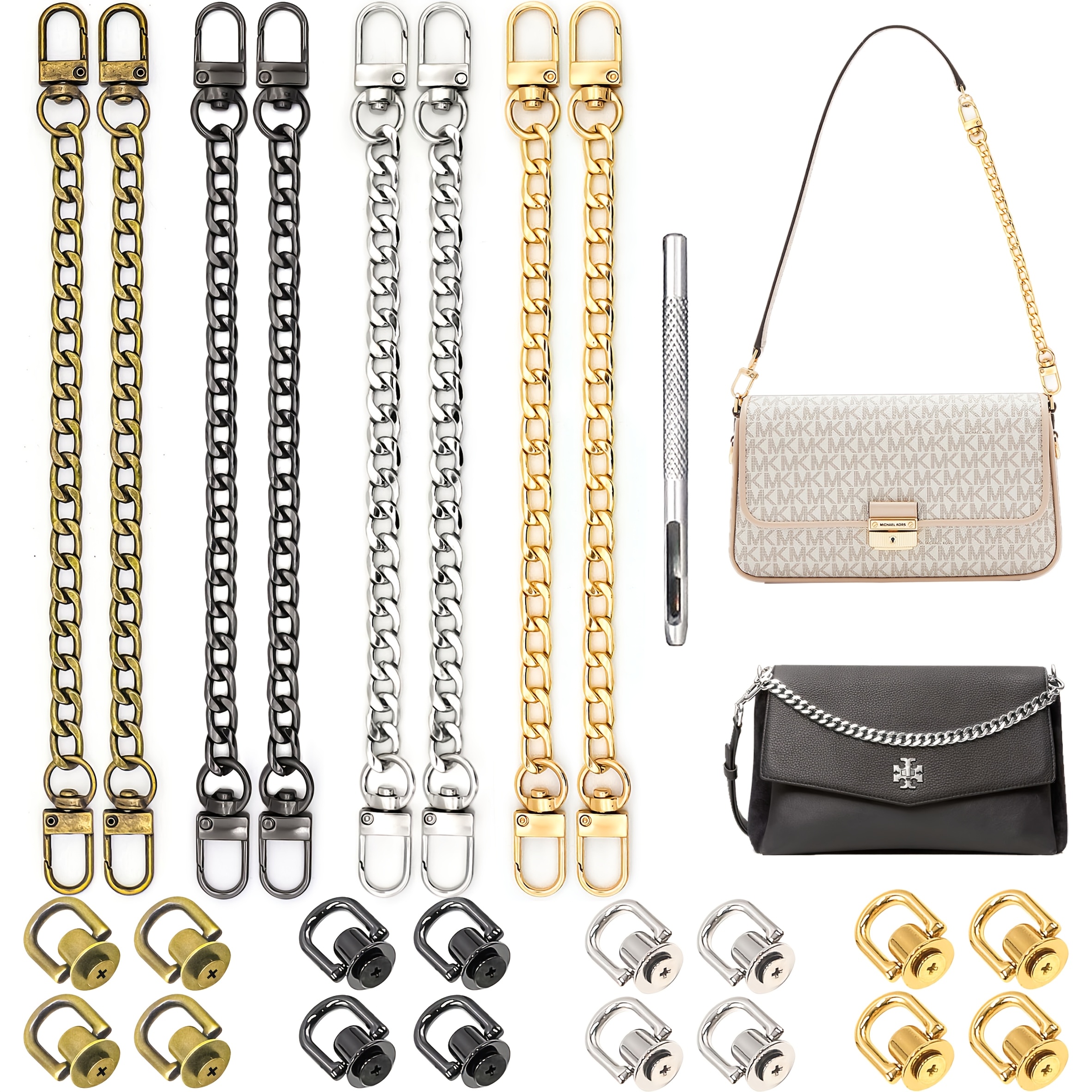 8pcs 20cm Flat Chain Strap Extender Kit With 16 D-ring Rivets | 4 Color Options | Diy Handbag Shoulder Strap Replacement | Crossbody Bag Accessories, Diy Wallet Making