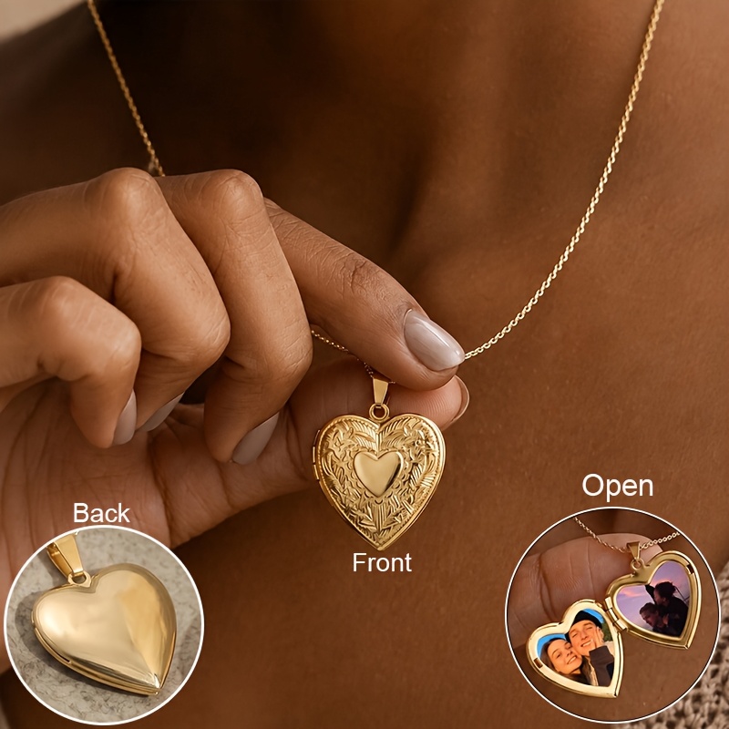 TEMU Custom Photo Necklace Stainless Steel Material Personalized Heart Flip Openable Locket Keepsake Jewelry Vintage Engraved Niche Women Accessories