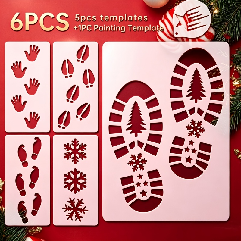 TEMU 6pcs Reusable Winter Christmas Stencil Set, Includes 5 Stencils + 1 Painting Template, Santa Claus Footprints And Snowflakes, Diy Holiday Floor
