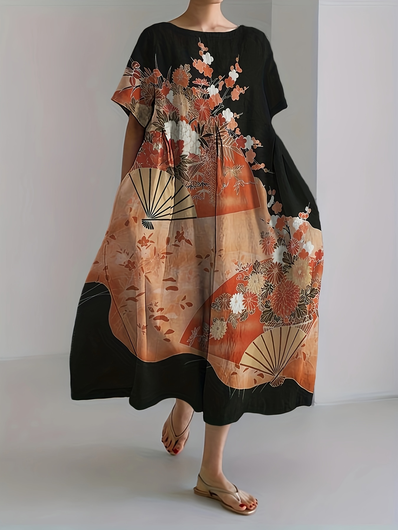 women's plus size short sleeve maxi dress japanese fan Temu Italy