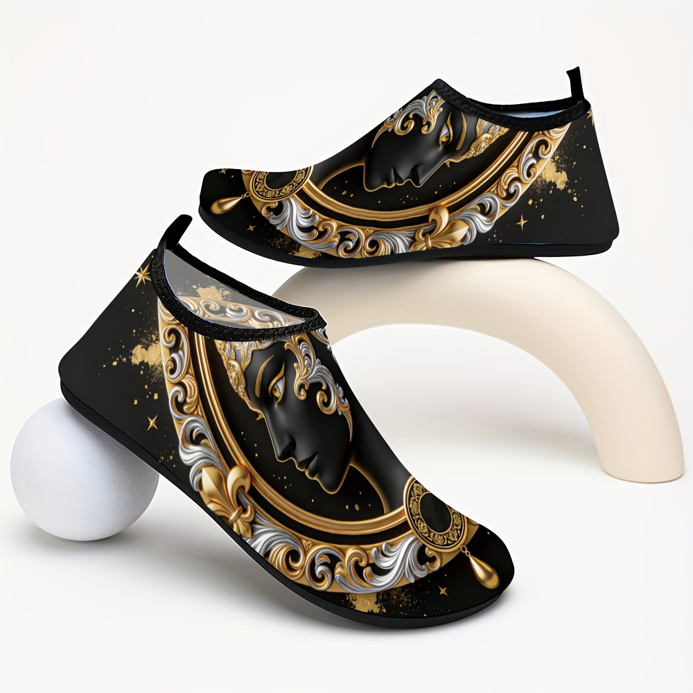 TEMU 1pc , 2d Flat, Black Golden Mask Baroque Pattern Non-slip Water Shoes For Outdoor Beach Swimming Wading Walking
