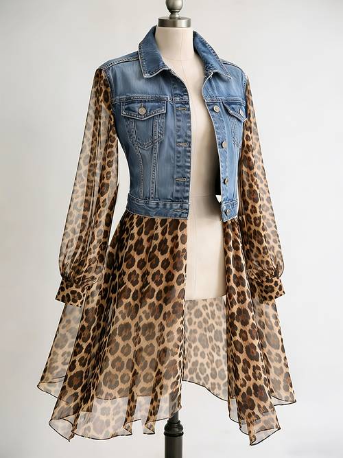 womens elegant denim jacket with tulle leopard print long machine washable suitable for spring summer denim and tulle regular fit jacket for casual or dressy outfits