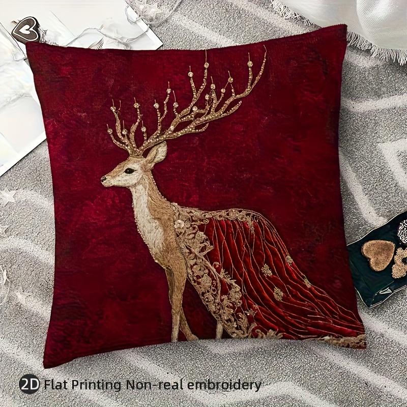 TEMU 1pc, 2d Flat Printed Luxury Short Plush Pillow Cover 18.0x18.0 Inches - No Embroidery, Golden Accent Design, Dark Red Background | Suitable For