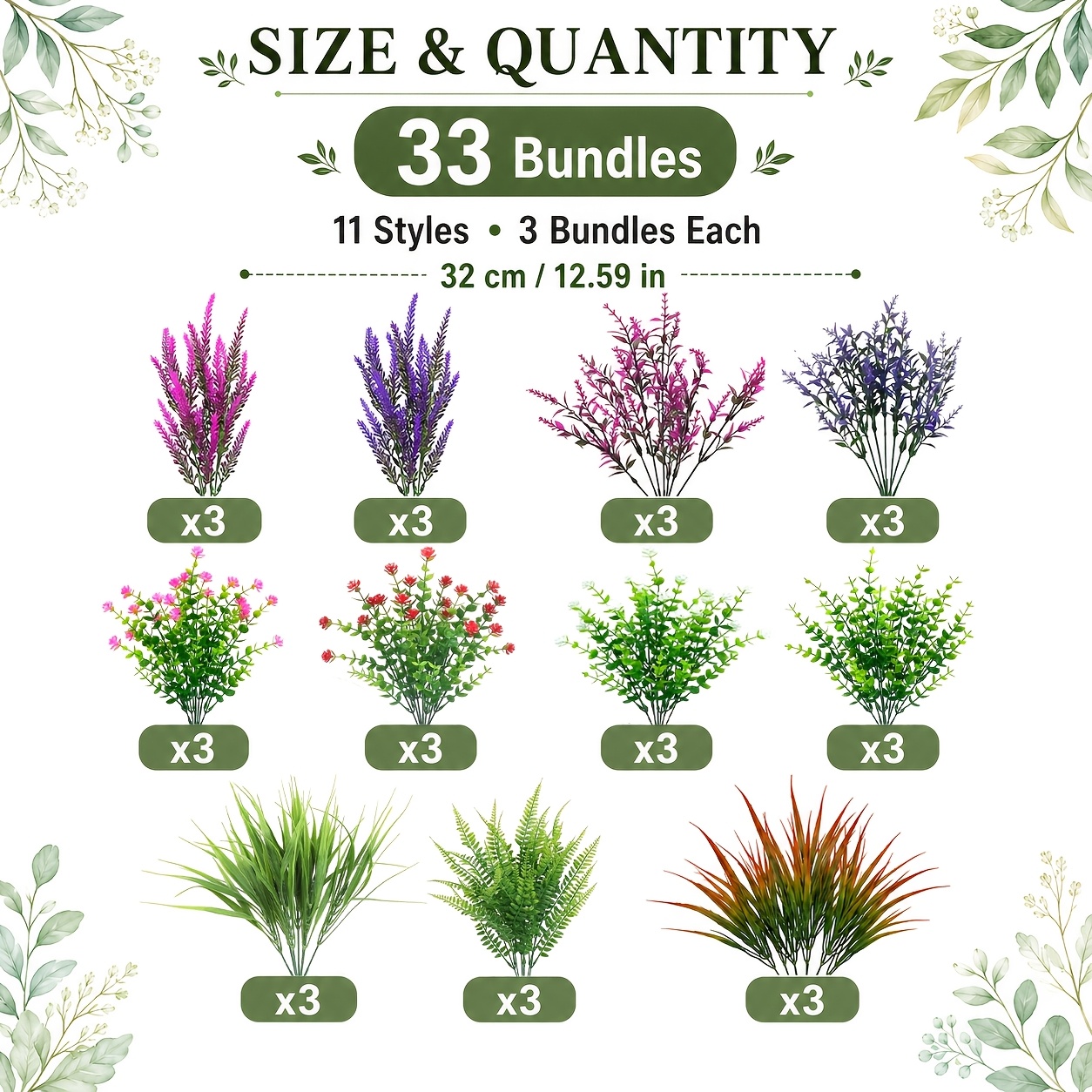 TEMU 33 Pezzi di Fiori Artificiali da Esterno, Set di Fiori di Lavanda Simulati. Arbusti Fioriti Resistenti ai UV e Colorati a di Sbiadimento, Verde