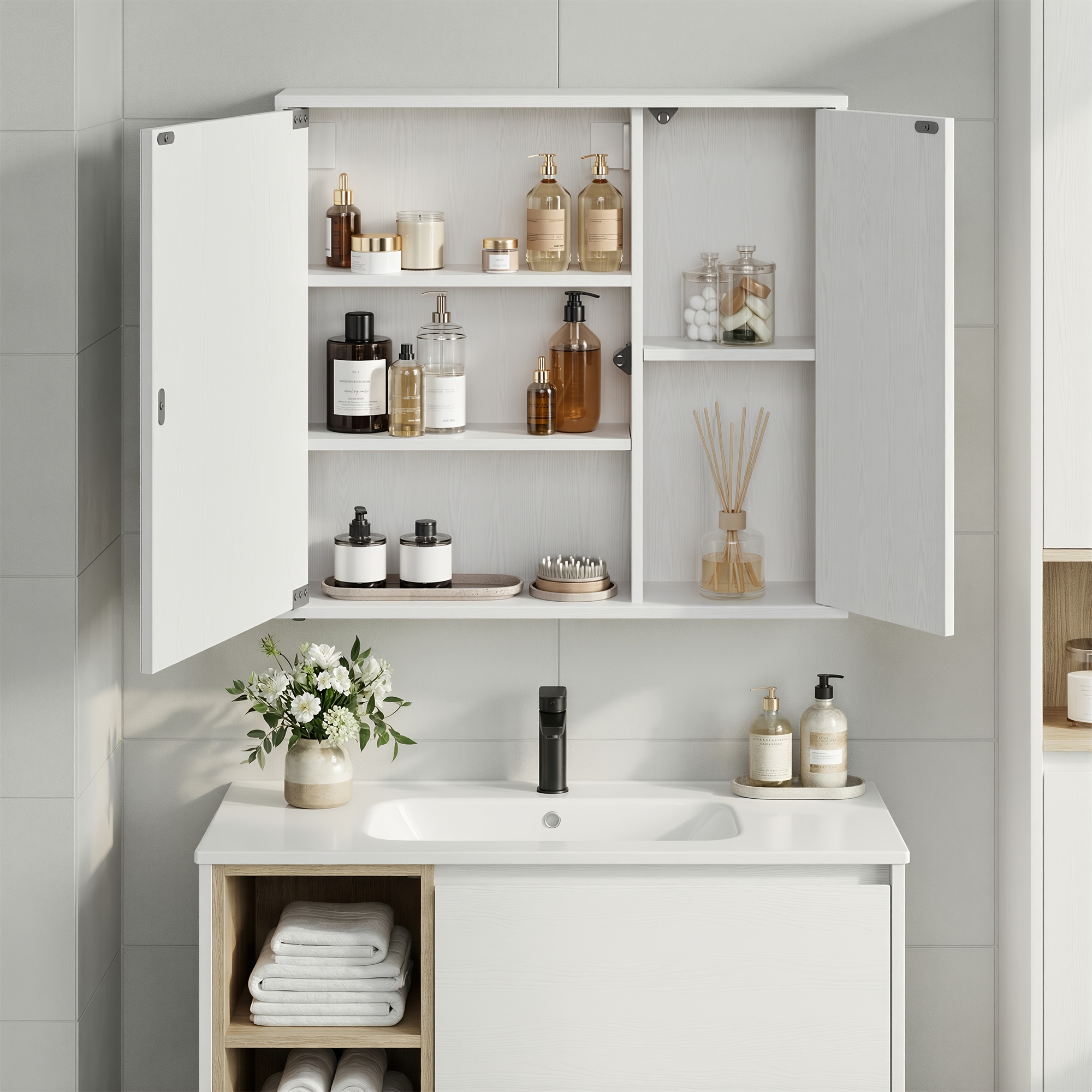 Image of Home Mirror Cabinet, Bathroom Cabinet, Assembly, Toolless Technology, Bathroom Mirror, Adjustable Shelves, Modern, 15 X 60 X 55 Cm, Snow