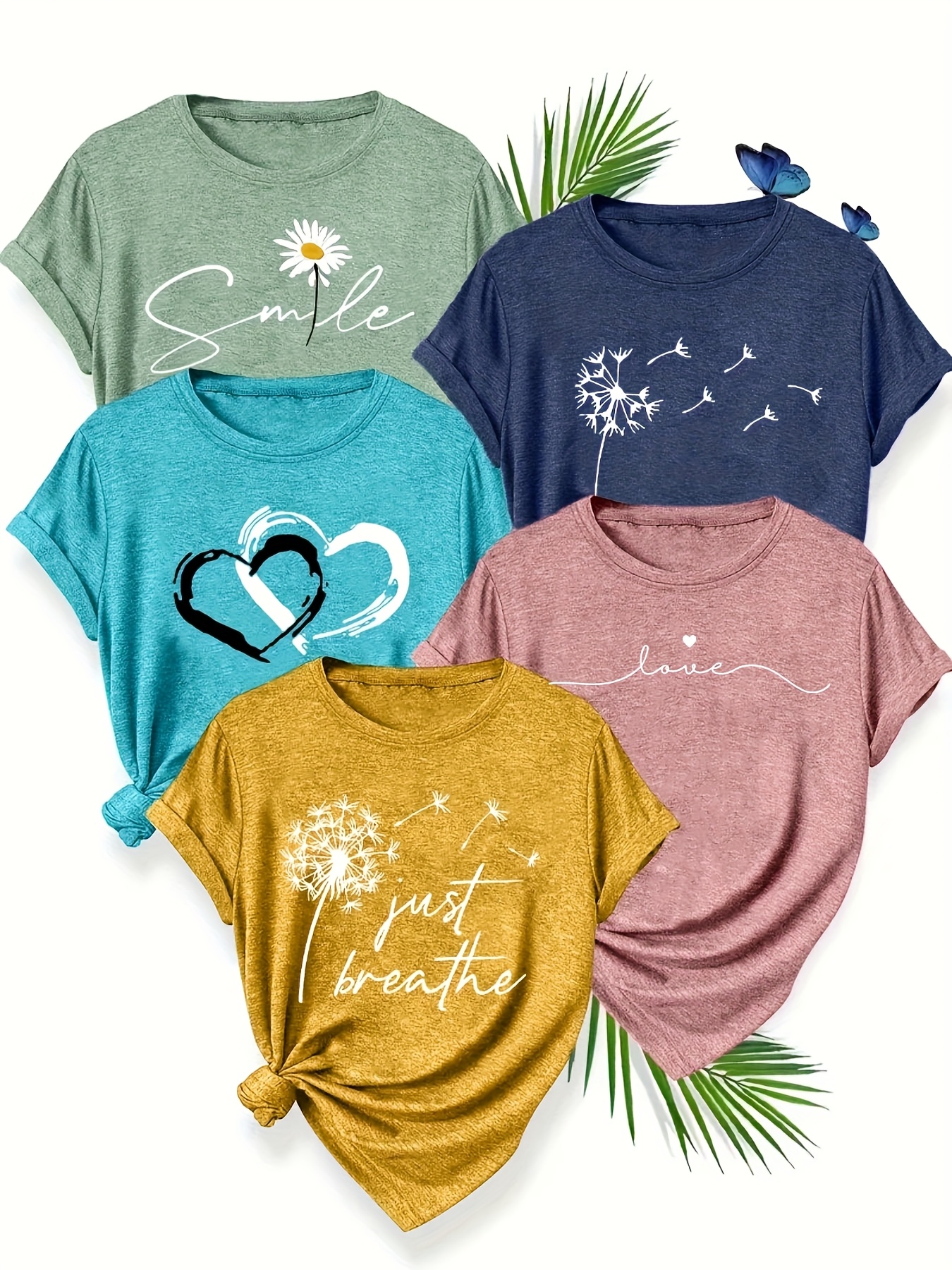5pcs womens casual short sleeve t shirts summer round neck geometric print tees with dandelion floral     options breathable machine washable fabric cute t shirts everyday outfit     printed   adults Product details 18