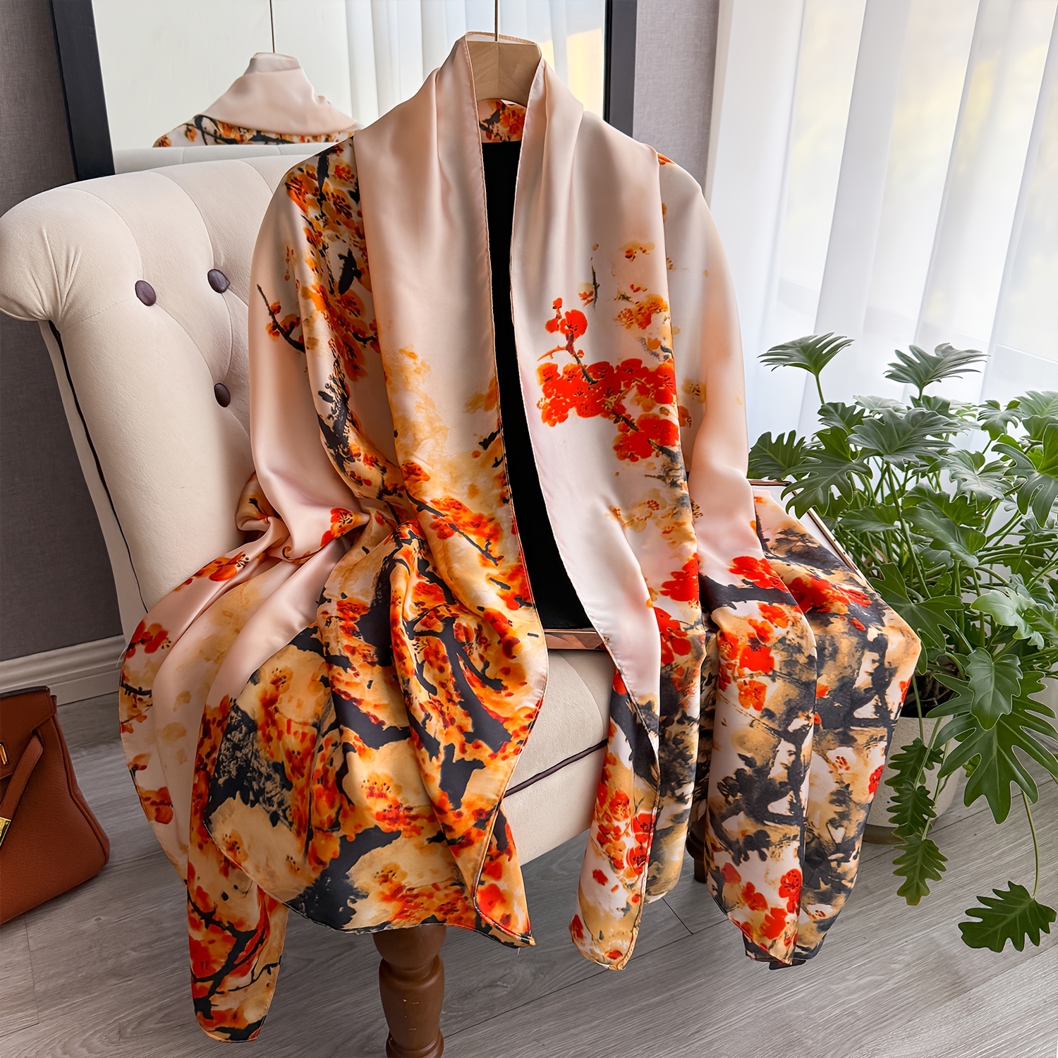 

Luxurious Plum Chinese Painting Series Scarf - Vintage-inspired, Soft Polyester, 71"x33", Lightweight 125g - Elegant Orange/yellow For Sophisticated Decor