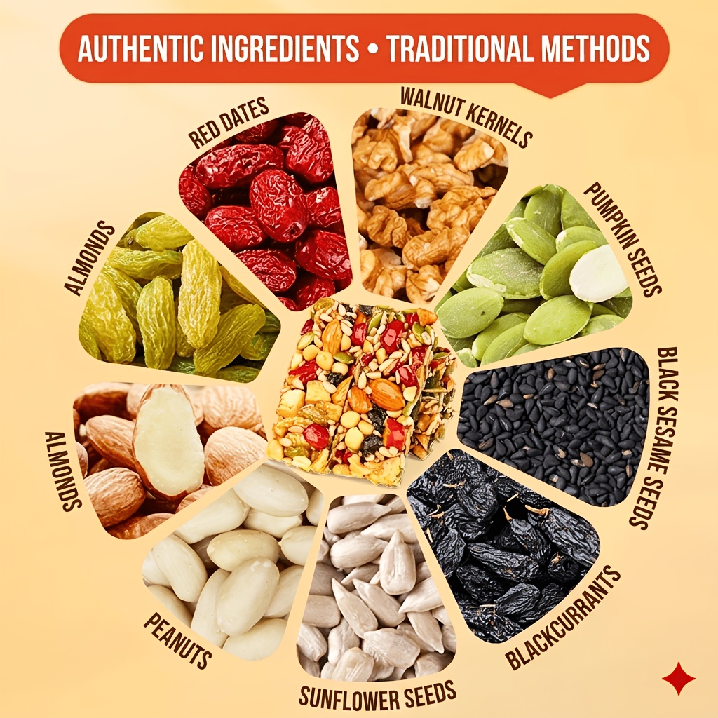 Premium Eight-Treasure Mixed Nut & Seed Bar (8.8oz/250g) - Crunchy Fruit & Nut Cake With Almonds, Walnuts, Red Dates & Blackcurrants - Perfect Gift For Office, School & Movie Nights