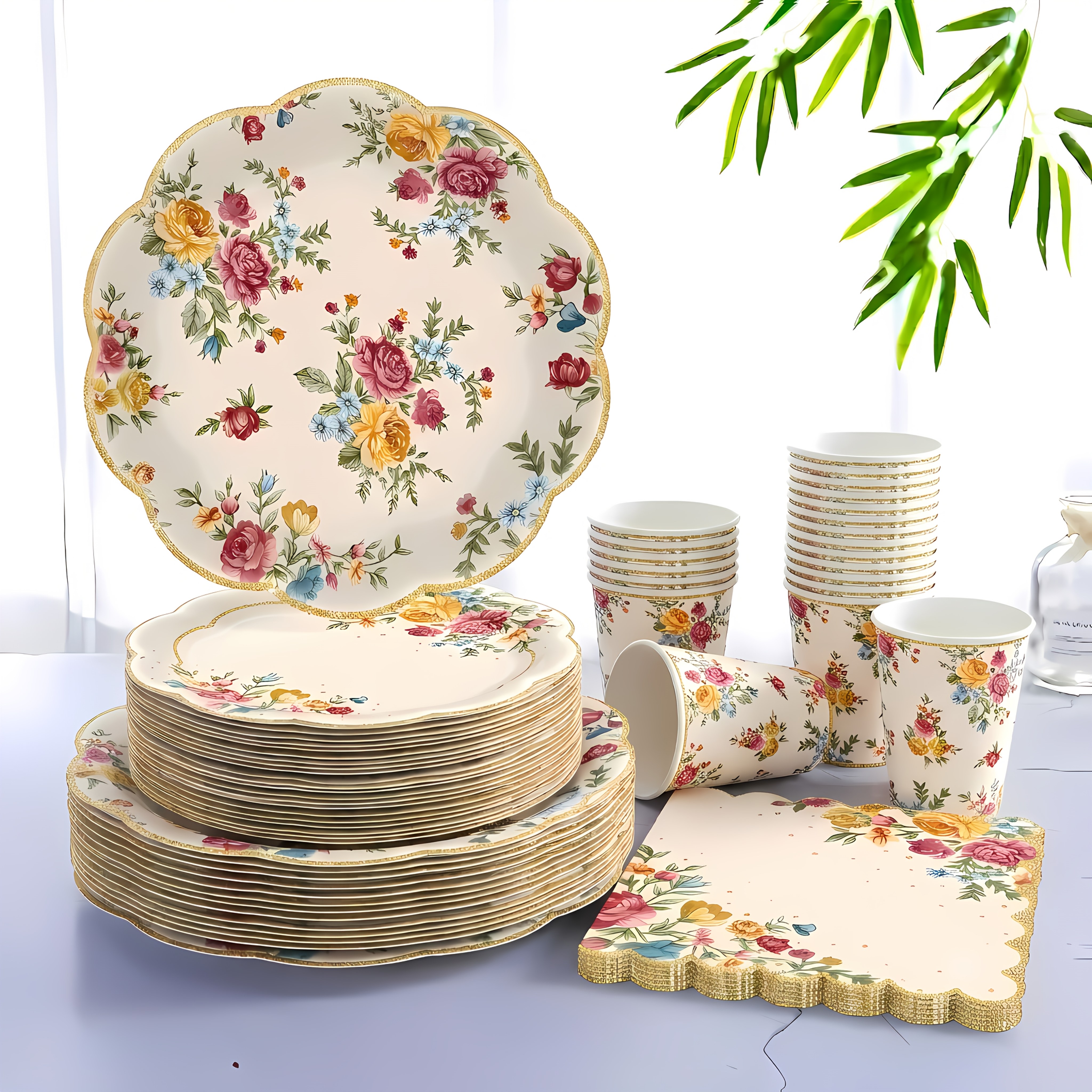 TEMU Set da 80 pezzi di stoviglie eleganti in stile Cottagecore con bordi smerlati e /gialle - , bicchieri e tovaglioli di carta color crema adatti