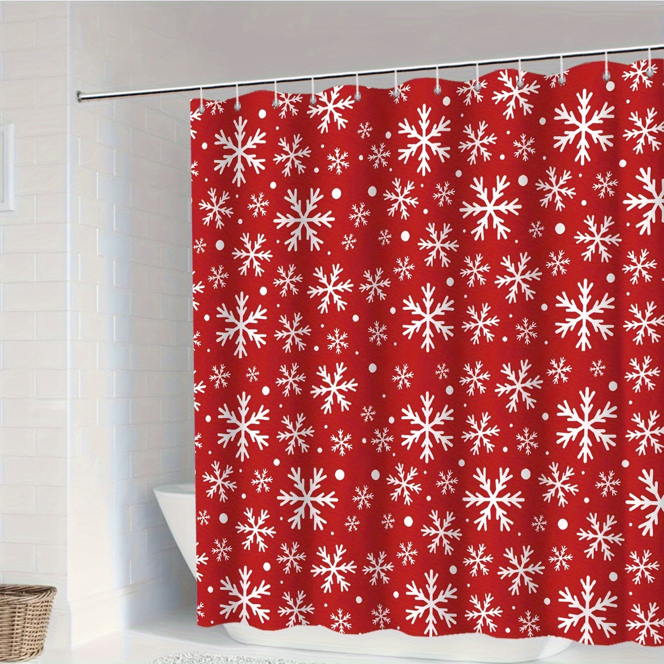 

Christmas Snowflake Shower Curtain, Polyester Water-resistant Bath Decor With 12 Hooks, Machine Washable, Cartoon Weave Pattern, Seasonal Bathroom Accessory For Tub Privacy