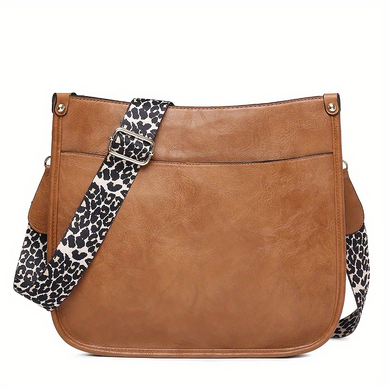 

Minimalist Crossbody Bag, Retro Leopard Strap Shoulder Bag, Women's Vegan Leather Zipper Purse