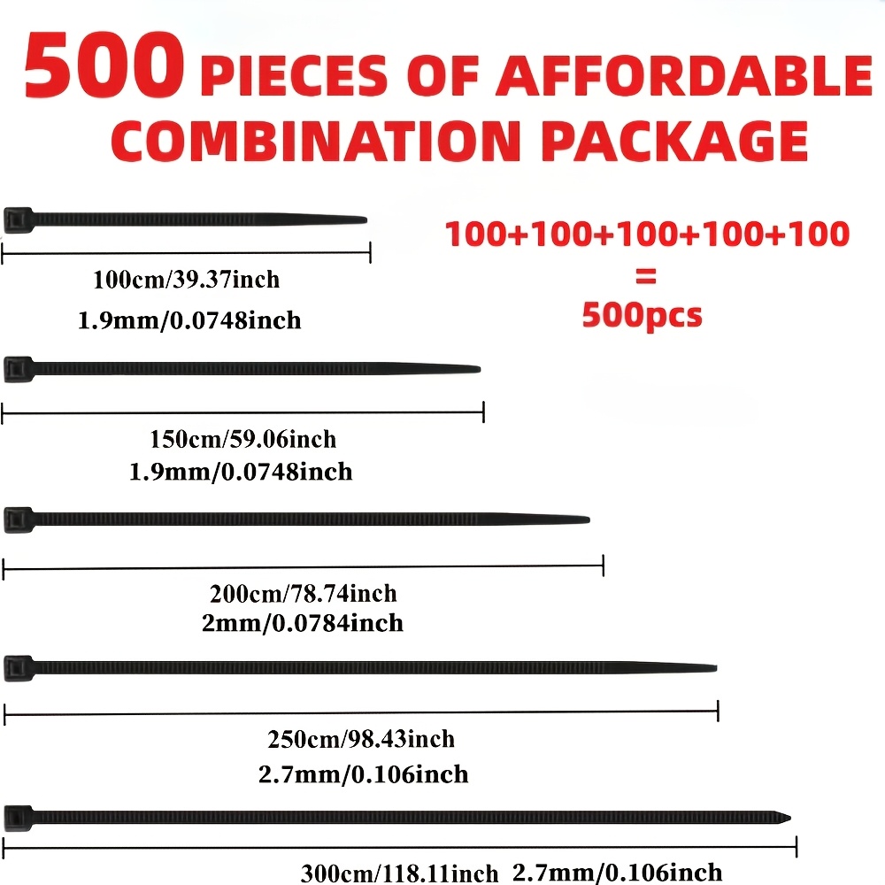 Image of 500-pack Self-locking Cable Ties - Adjustable, & Anti-slip, Scratch And Bend Resistant For Indoor And Outdoor Use, Home, Office, Gardening, And Outdoor Cables - Durable Nylon Zip Ties In Sizes