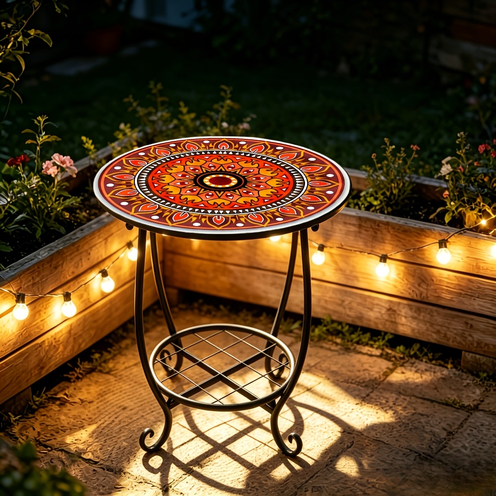 TEMU 1pc 2-tier Round Metal Side Table, Plant Stand, Warm Orange Vintage Ethnic Geometric Print Top, Sturdy Rustproof Accent Table, For Balcony,
