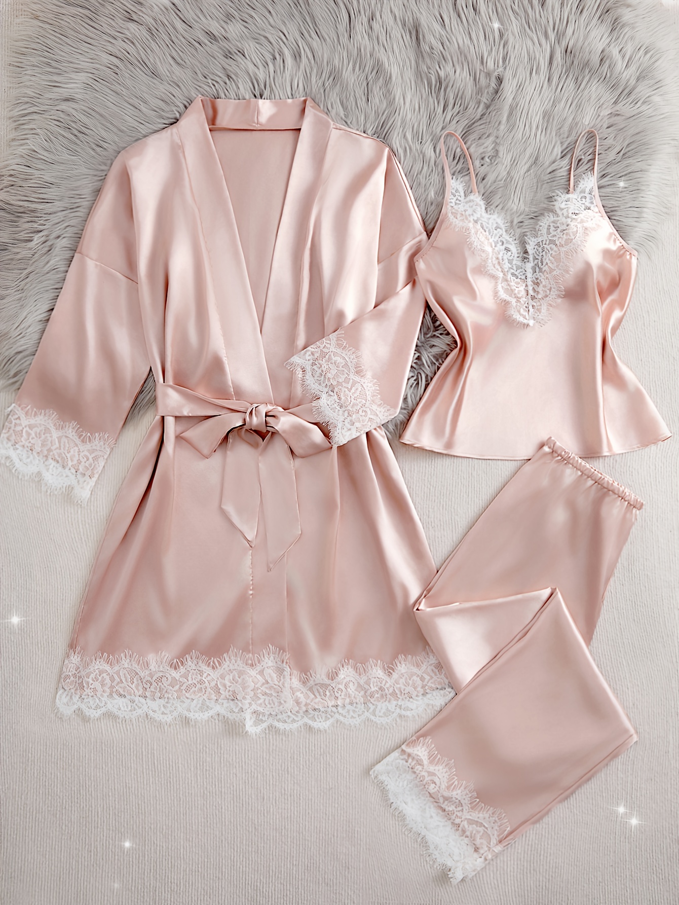 4pcs solid color contrast lace pajama set with thin straps camisole top elastic long pants loose robe with belt womens comfortable pajama and casual wear set   v neck long sleeve long length adult size casual wear set   robe elastic waistband robe Product details 7
