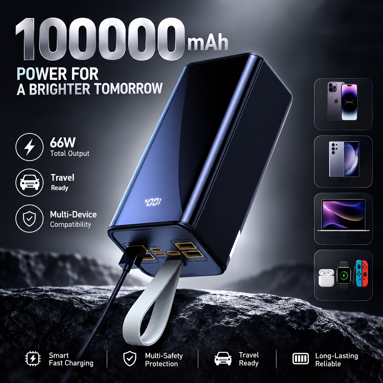 TEMU 100000mah Portable Power Bank, 66w Max Output Fast Charger, Usb-c Usb External Battery, Display, Built-in Lanyard For Travel Camping Emergency