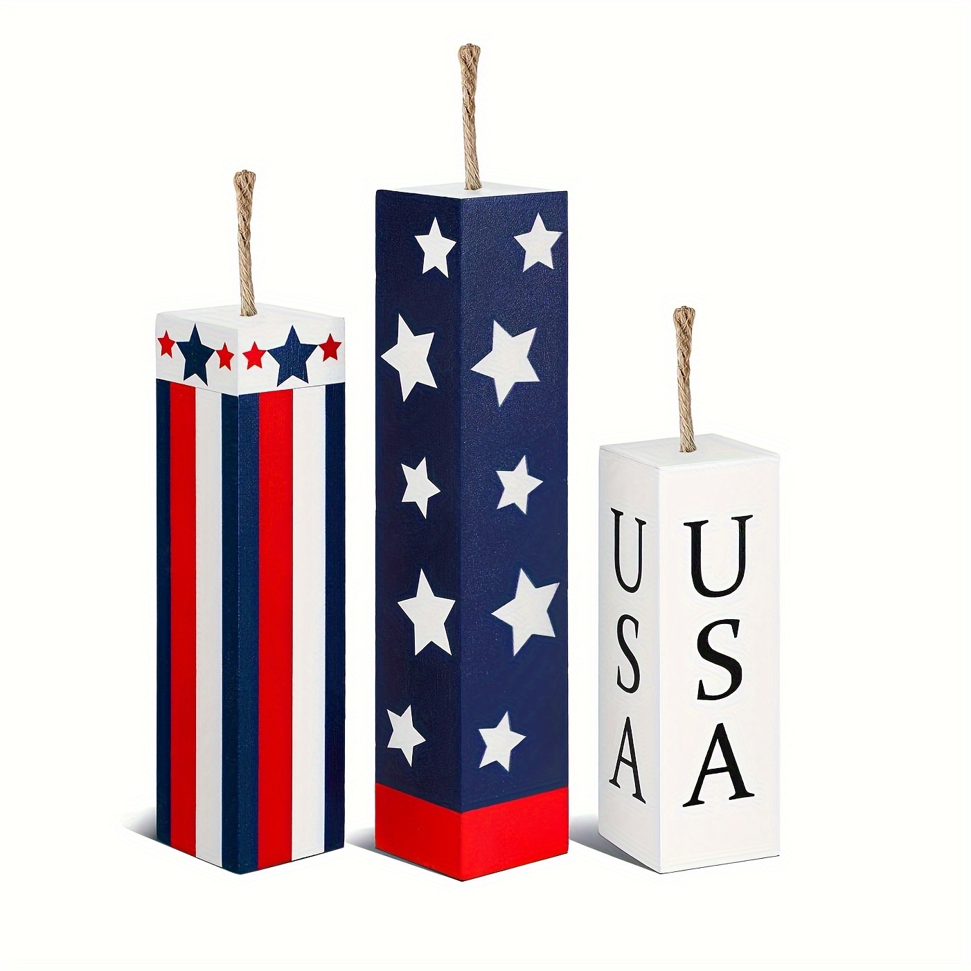 

3pcs Patriotic Wooden Table Centerpieces, 4th Of Flag & Designs, Decor, Manufactured Wood, No Electricity Needed, Featherless, Universal Farmhouse Decor