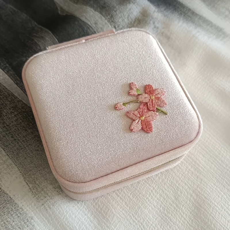 TEMU 1pc 1pcs 1pc 1pcs 1pc Luxury Cherry Embroidered Fabric Jewelry Box Suitable For Women - Detachable Tray & Zipper Closure, Soft Velvet-look