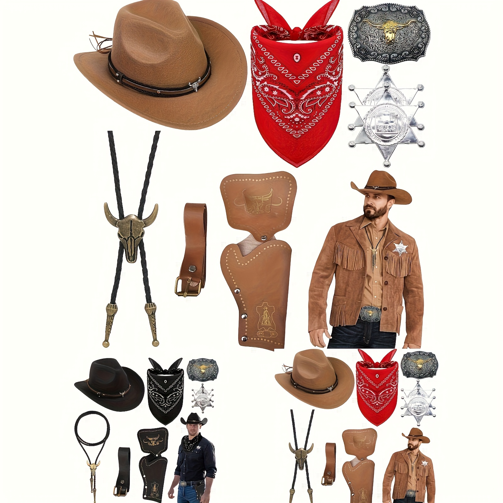 Lot De 9 Accessoires De Costume De Cowboy Pour Homme - Avec Chapeau, Gilet à Pompons, Bandana, Holster, Ceinture, Boucle Bolo, Cravate, Collier De Shérif, Badge Pour Carnaval, Fantaisie