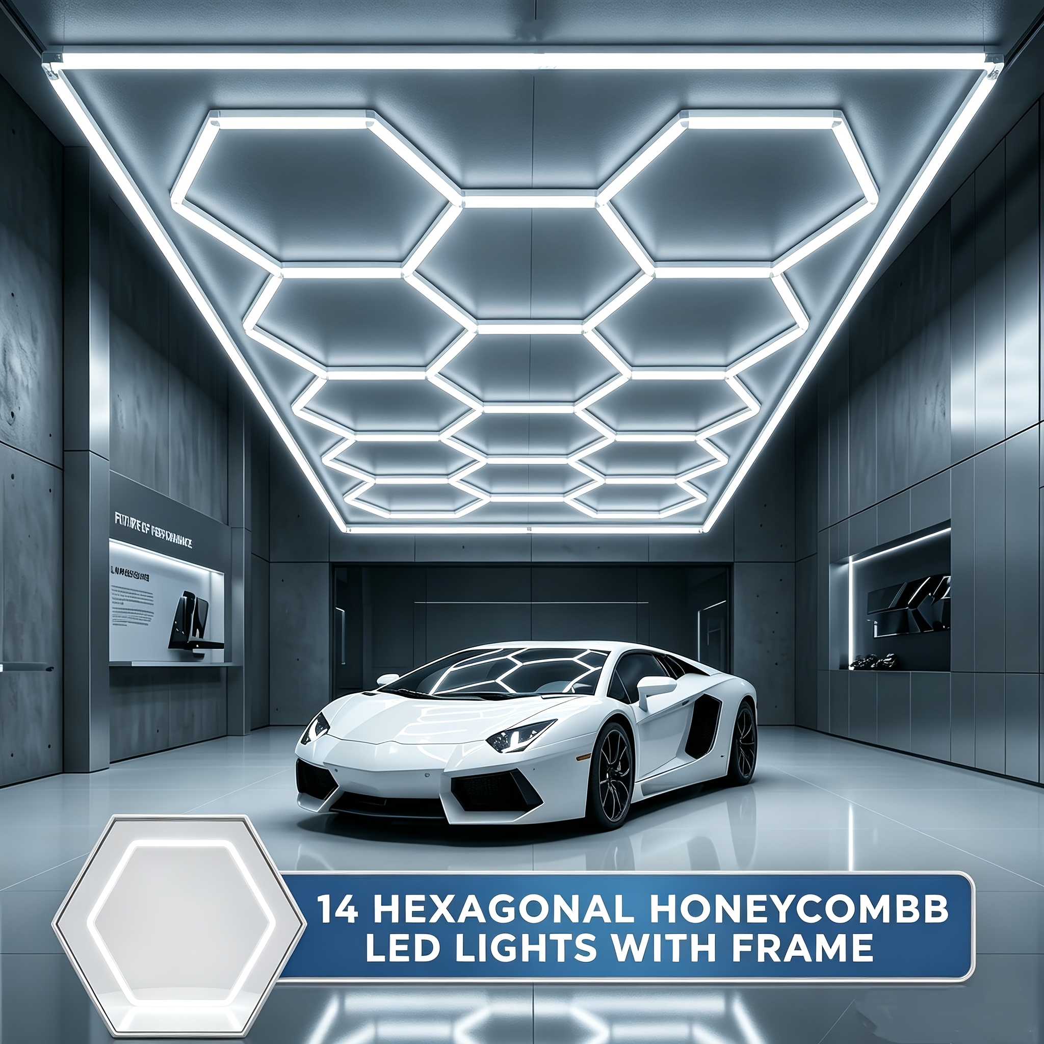 TEMU Bande lumineuse LED hexagonale pour garage avec cadre rectangulaire, 14 cellules LED hexagonales haute luminosité 6500K, 220V, design en grille