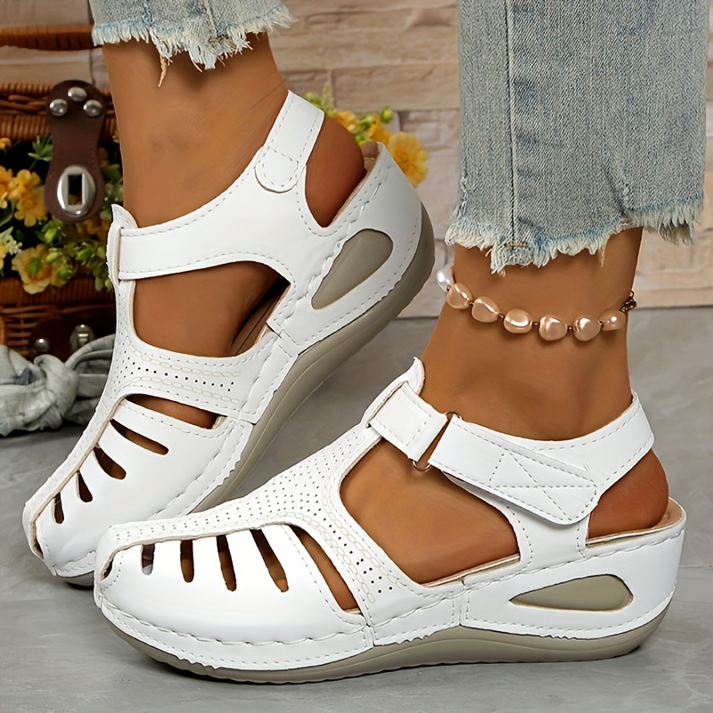 ladies leisure wedge sandals white synthetic cover middle heel with round head hollowed out design breathable and comfortable wear easy to and close durable pu sole fashion versatile shoes and lace up sandals details 0