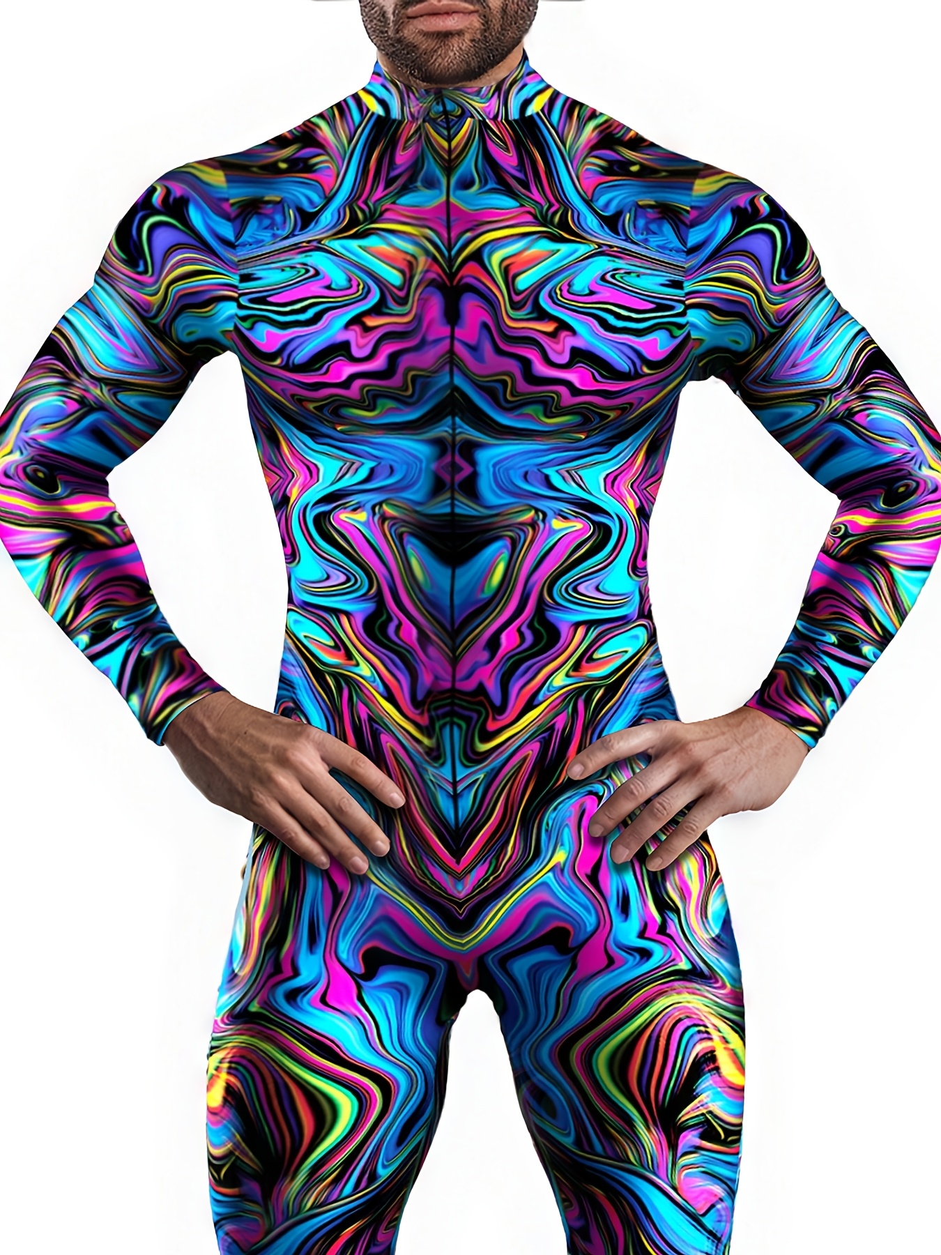 Vibrant Psychedelic Print Zip-Up Long Sleeve Jumpsuit - Stretchy,   Fit for Festivals & Casual Wear, Colorful  , Polyester Blend, Machine Washable