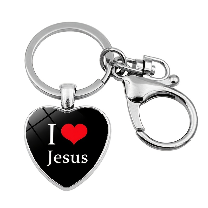 TEMU Ciondolo portachiavi a forma di cuore con gemma luminosa "I Love Jesus" con moschettone e anello portachiavi in metallo, regalo di Natale per