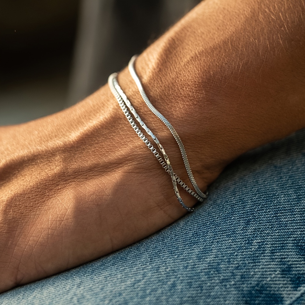 Image of Stylish Men's 304 Stainless Steel Bracelet Set • Minimalist Men's Bracelets • 304 Stainless Steel Snake Chain Bracelet Set • Suitable For His Birthday Gift • Wear Alone Or Stackable