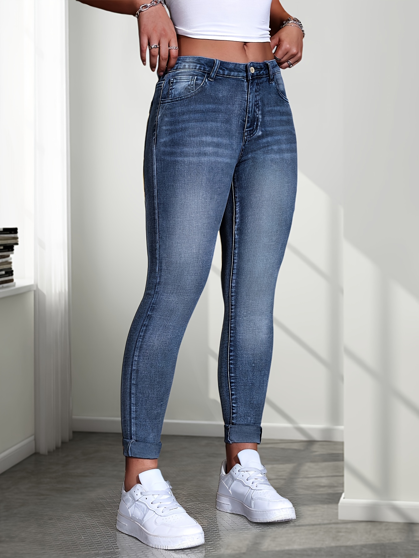 Women'S High-Waisted Stretch Denim Jeans - Slim Fit, Button Detail, Zipper Fly, All-Season Comfort, Light Blue, Casual Style, Comfortable Fashion|Slim Fit Jeans|Zipper Closure
