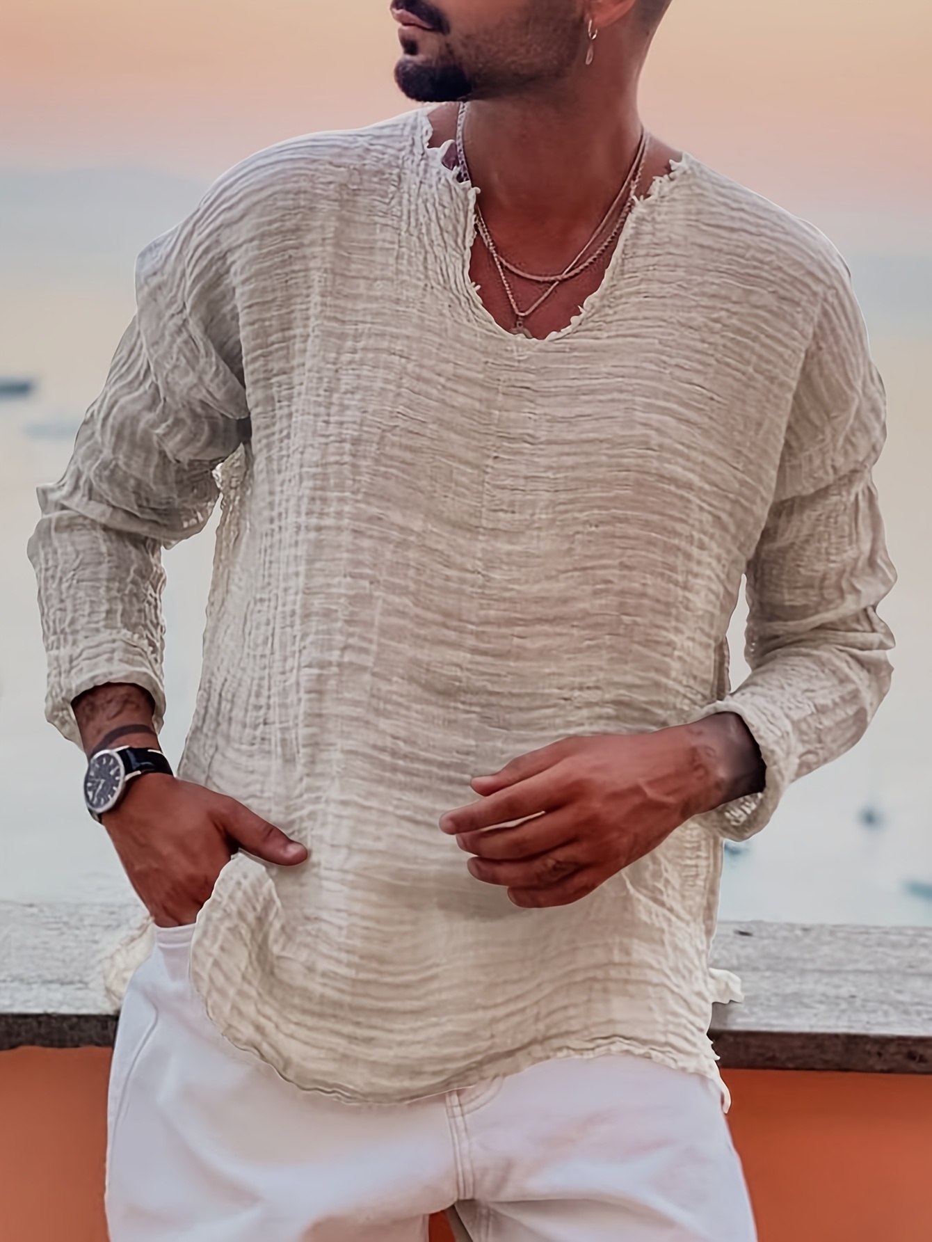 mens   length cotton v neck shirt summer   with frayed hem versatile fashionable for beach vacations long sleeve   cotton lightweight 0