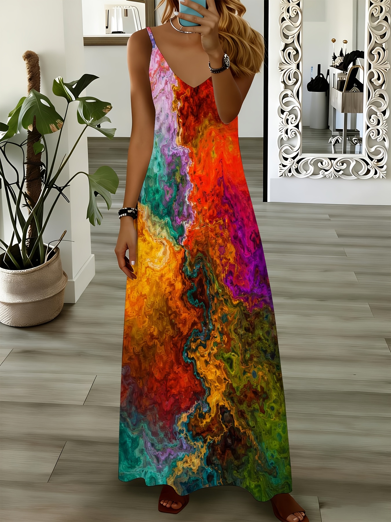 fitted lace wedding dress Multi Color Abstract Print Maxi Dress V / Multi / S main image 0