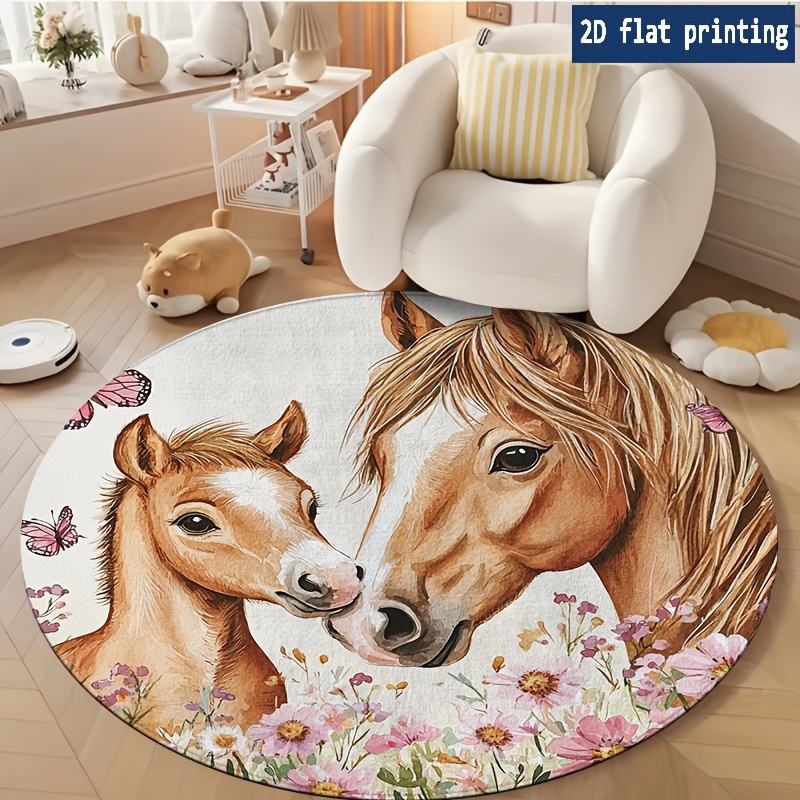 TEMU 1 tapis rond avec motif de cheval et de , lavable en machine, idéal pour les salons, chambres, bureaux, de bain, patios et entrées. Il ajoute un