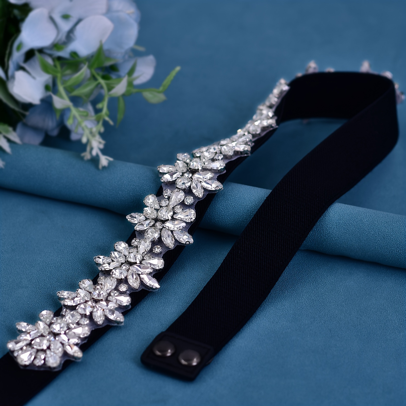 elegant silvery stone embellished elastic waist belt black  display picture 1