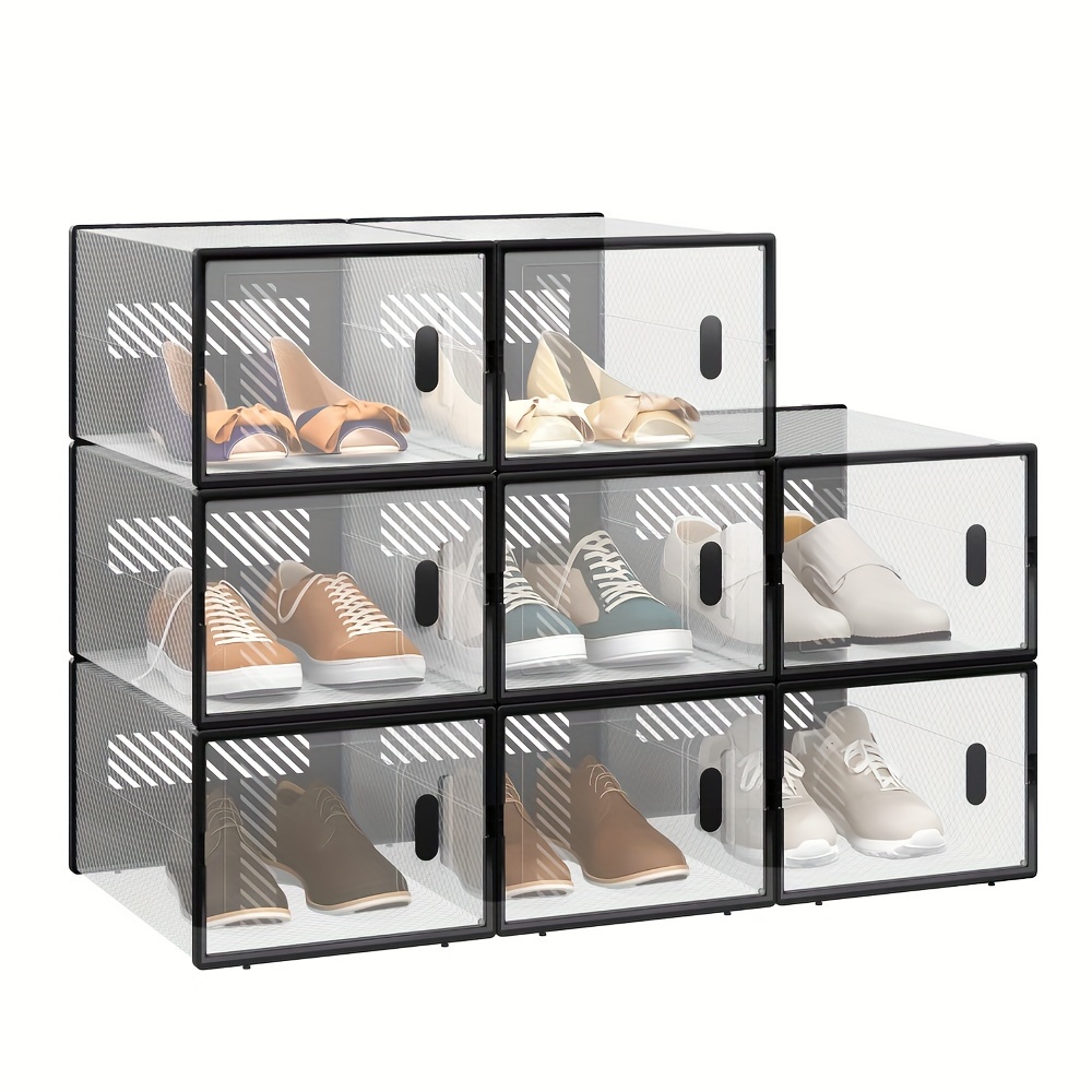Image of 1pcs Stackable Shoe Box, Set Of 8, Shoe Box With Magnetic Door, Plastic Box For Shoe Storage, Foldable Shoe Organizer, 35 X 19 X 25 Cm, Transparent Black