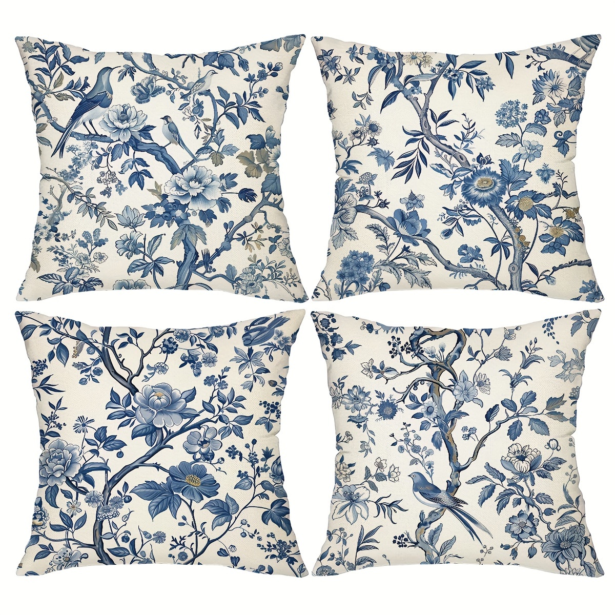 

4-pack Chinoiserie And Floral Throw Pillow Covers, Country-rustic Hand Washable, Zippered Decorative Cushion Cases For Home And Outdoor - 18"x18" Style Decor