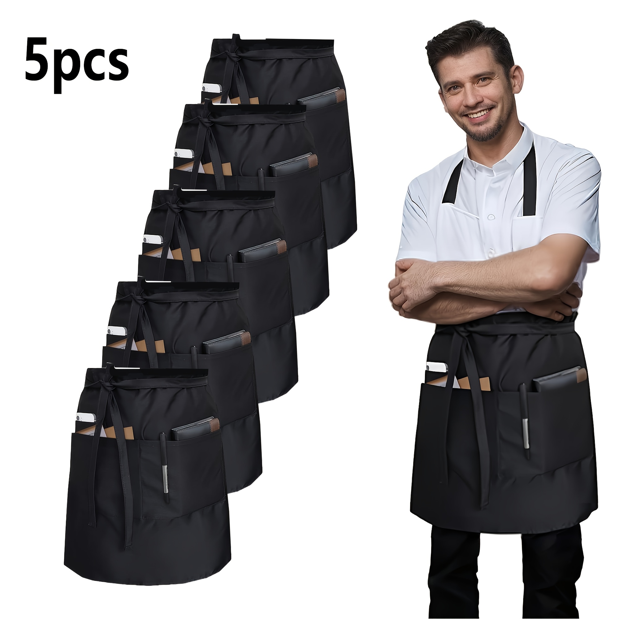 Image of 5pcs Pack Mid-length Black Apron With 3 Pockets For Home And Restaurant Servers, Suitable For Coffee Shops And Restaurant Staff, Solid Color Easy Style Apron
