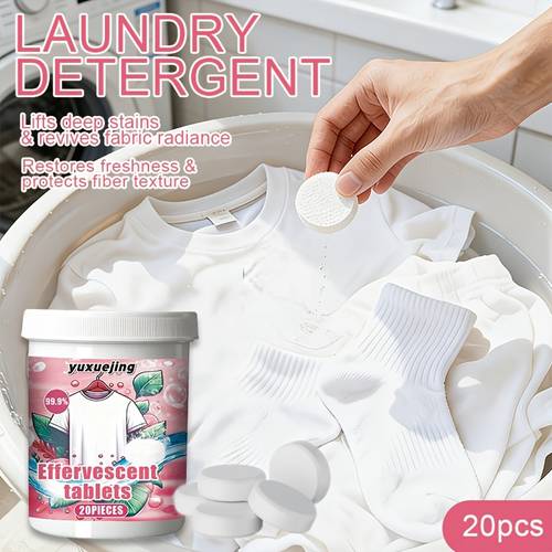20pcs laundry effervescent tablets fabric whitening and stain removal tablets removes coffee stains tea stains oil stains and sweat stains fabric dullness suitable for home bedding and curtains
