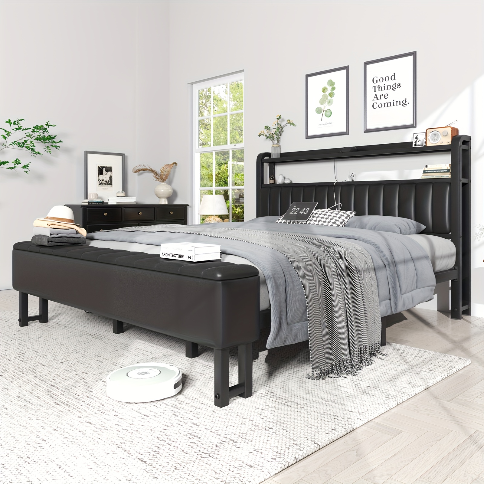 TEMU Metal Platform Bed With Storage Ottoman, Upholstered Headboard, Starry Design, And Reinforced Bed Legs, Easy To Assemble