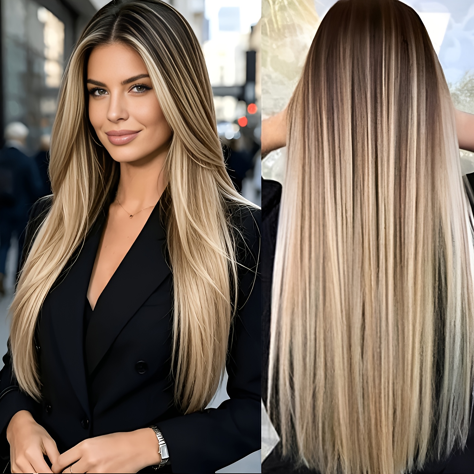 TEMU Elegant Ombre Women's Long Straight Wig - 66.04cm Medium Parted Long Straight Hair, And Stylish Blonde High Density Medium Parted Synthetic Wig,