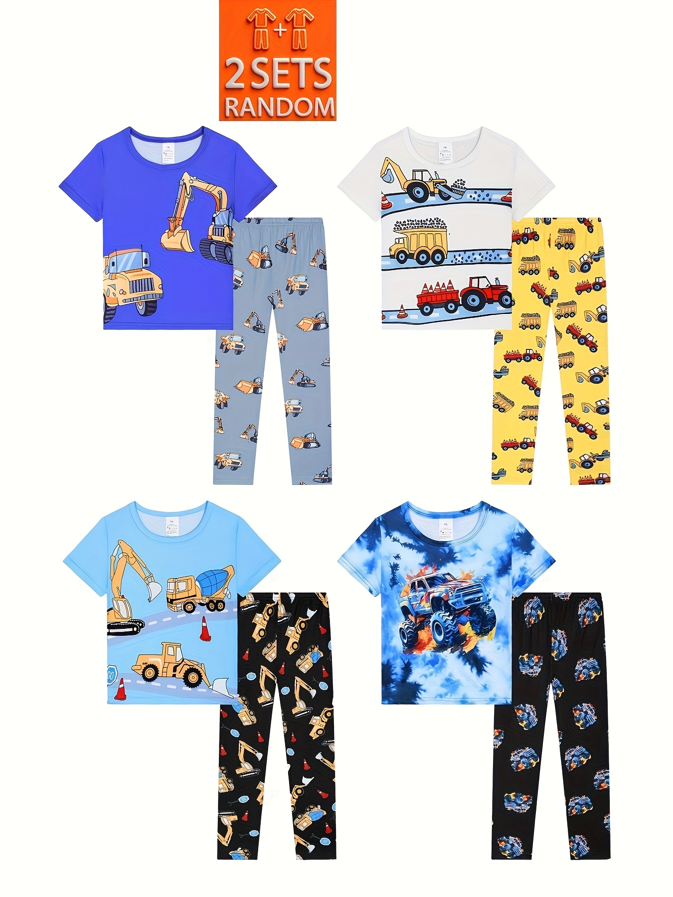 item picture random 4pcs kids pajama set   outfit ideal for   and outdoor use slightly stretchy fabric featuring cars trucks and   long pants and short sleeve pajama set   1615 flame retardant test