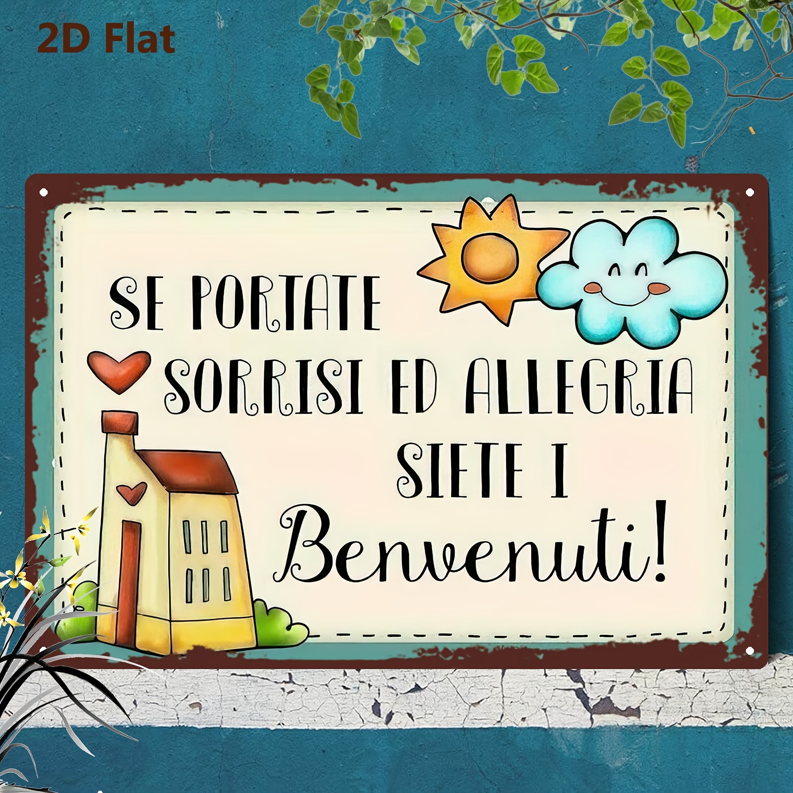 TEMU 2d Flat, 1pc Vintage Italian Welcome Metal Wall Sign - 20.32x30.48cm Rustic Decor With & Hearts, Indoor/outdoor Durable Decoration For Home,