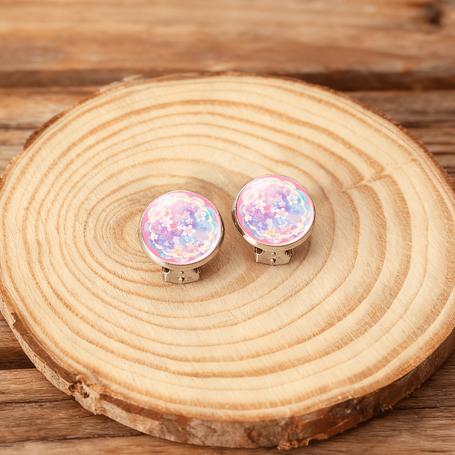 2pcs Set No-Pierced Round Glass Face Women'S Earrings with Floral Design