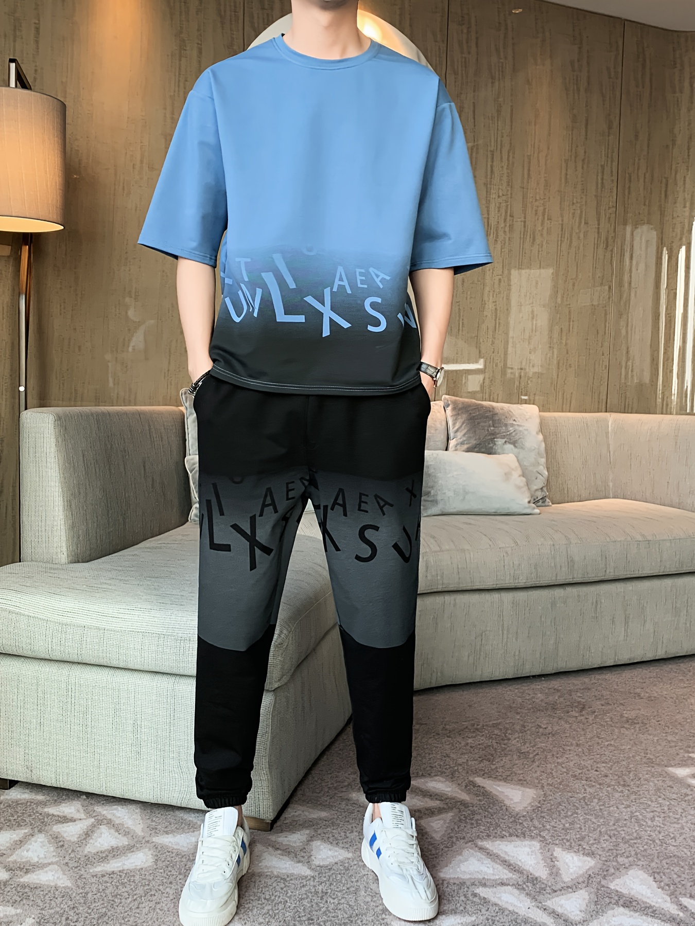 Men's Summer Casual Cotton Blend Outfit Set - Gradient Color Short Sleeve T-Shirt & Stylish Drawstring Shorts, Machine Washable