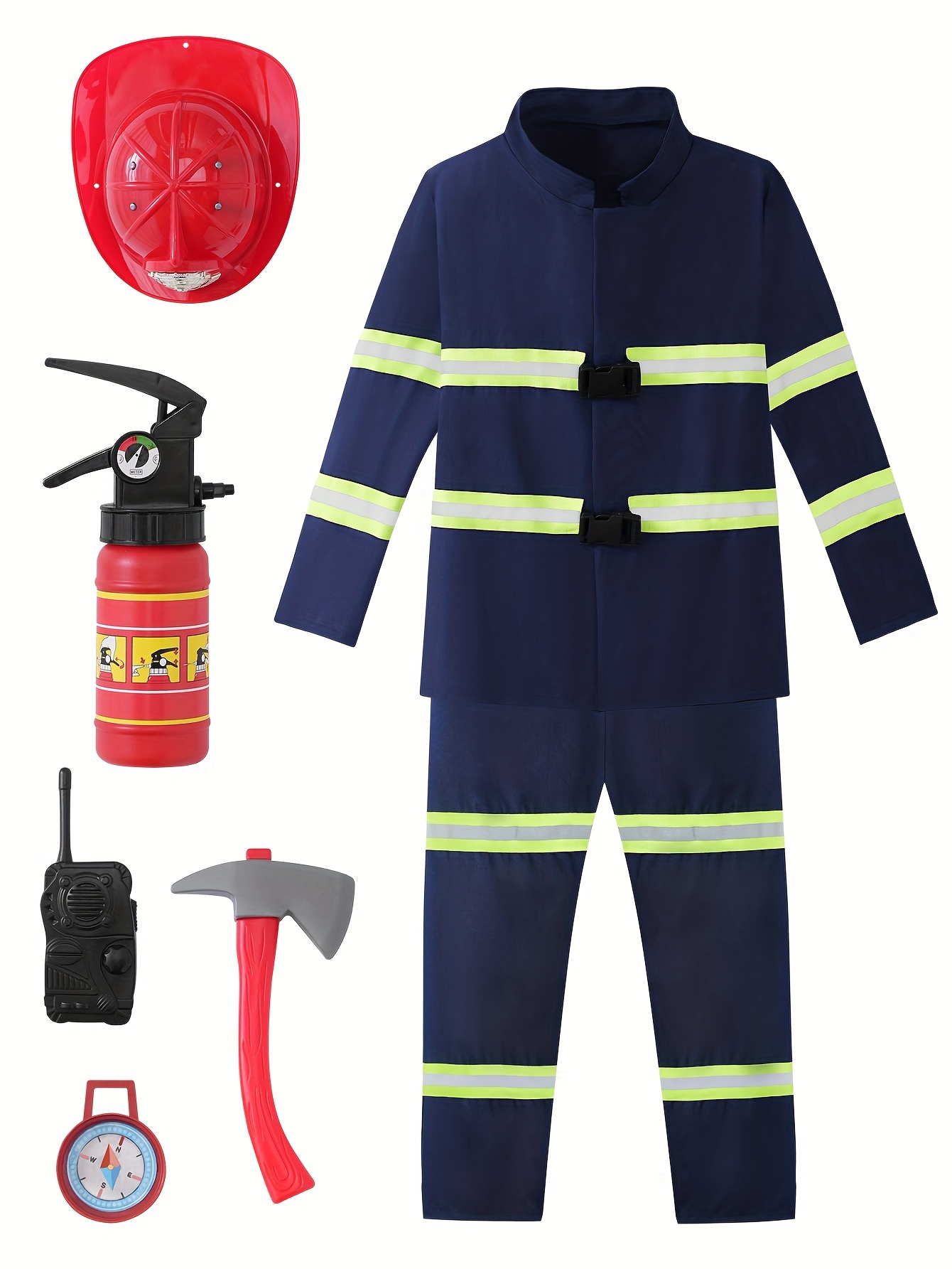 7pcs firefighter set with jacket pants helmet   fire extinguisher walkie talkie compass   role play accessories