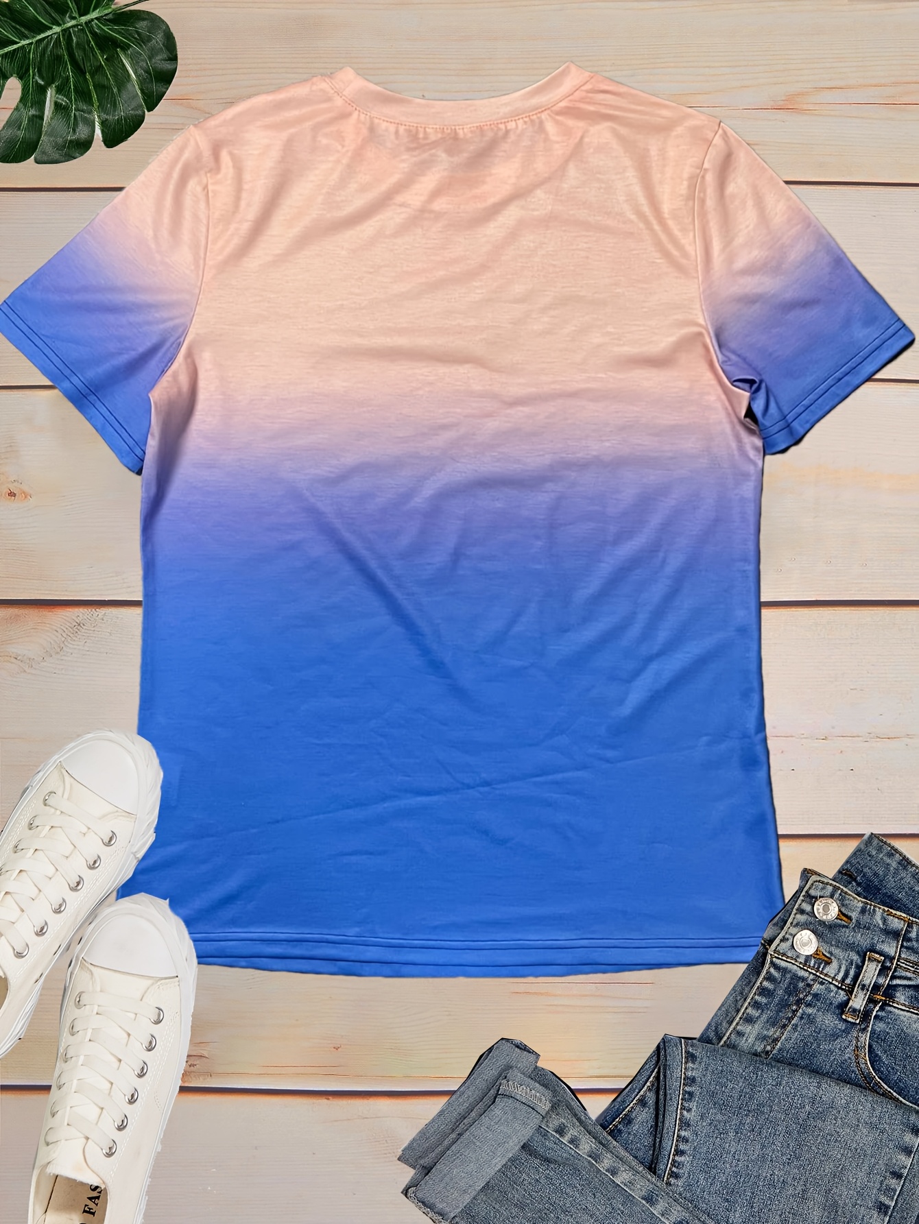 Gradient Crew Neck T-shirt, Short Sleeve Casual Top For Spring & Summer, Women's Clothing
