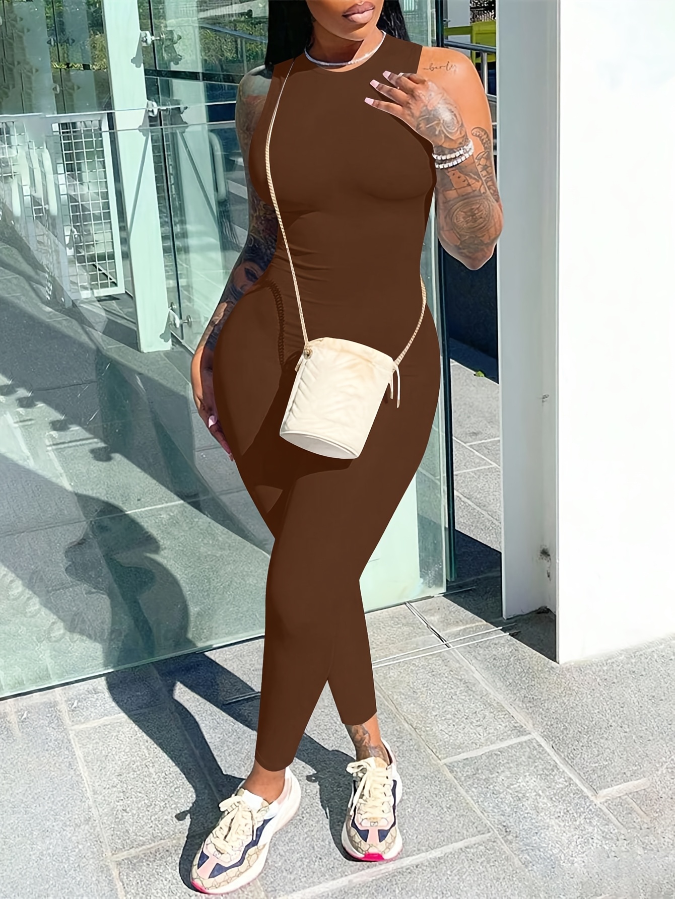 womens stylish shoulder solid color jumpsuit back zipper Temu