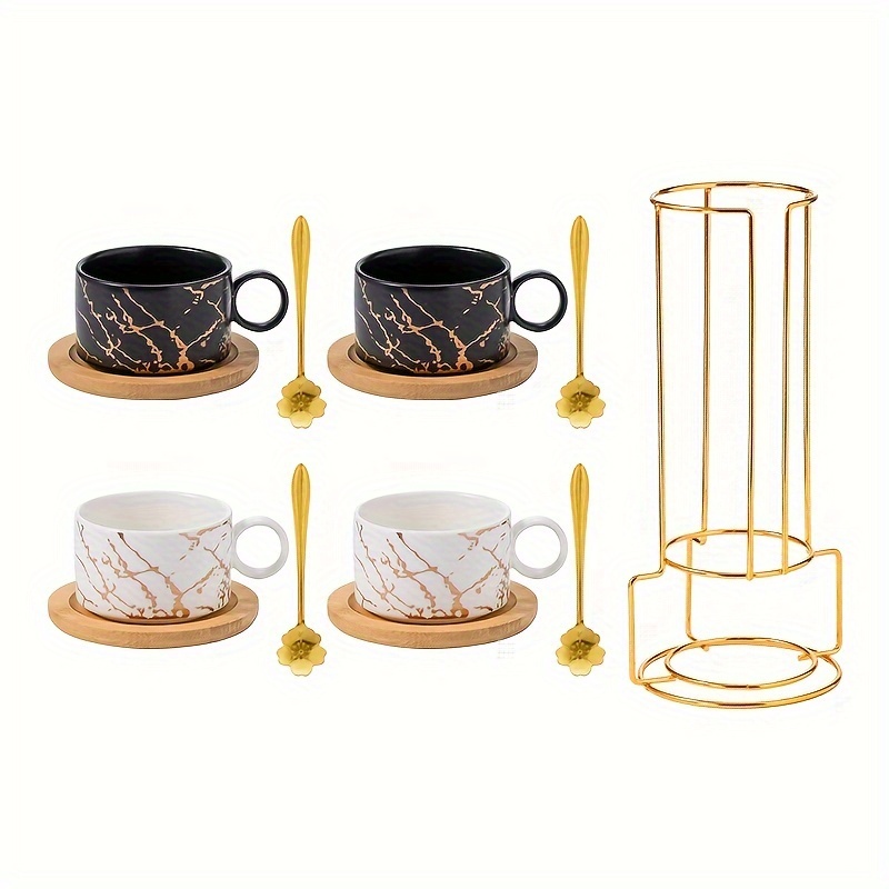 Keramik-Kaffeetassen 180 ml, stapelbare Tassen im Marmor-Design, 4er-Set mit Untertasse aus Holz goldenem Ständer