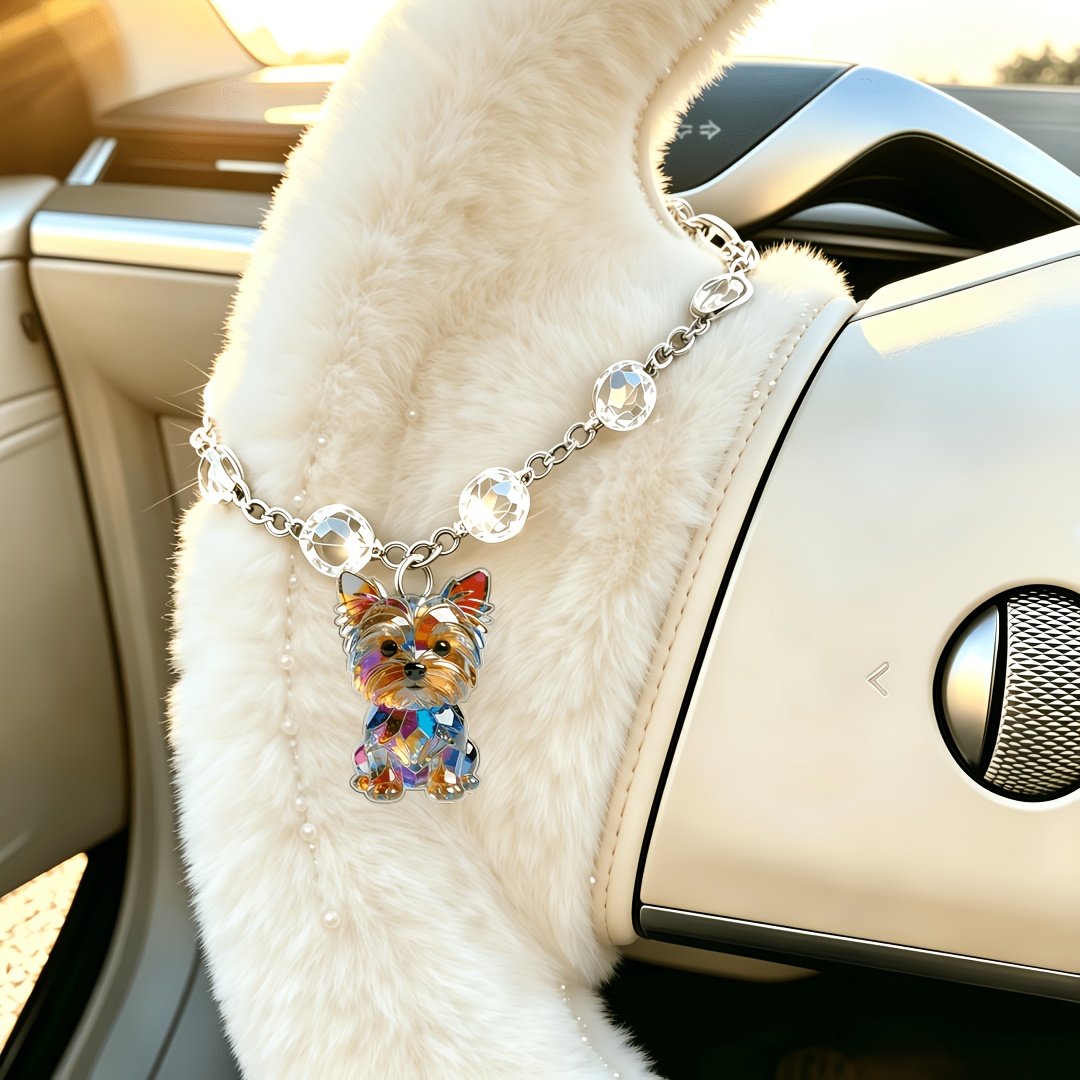 TEMU 1pc Yorkshire Terrier Car Steering Wheel Pendant - Yorkshire Terrier Dog With Chain, Suitable For Christmas Gifts, Easter Presents, Car
