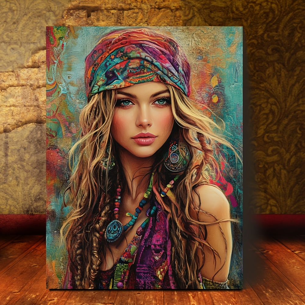 TEMU 2d Flat, 1pc 1pcs Modern Portrait Wall - Vibrant Floral Headwrap & Jewelry Painting, Wrap-around Framed Ethnic Decor Suitable For Living Room,